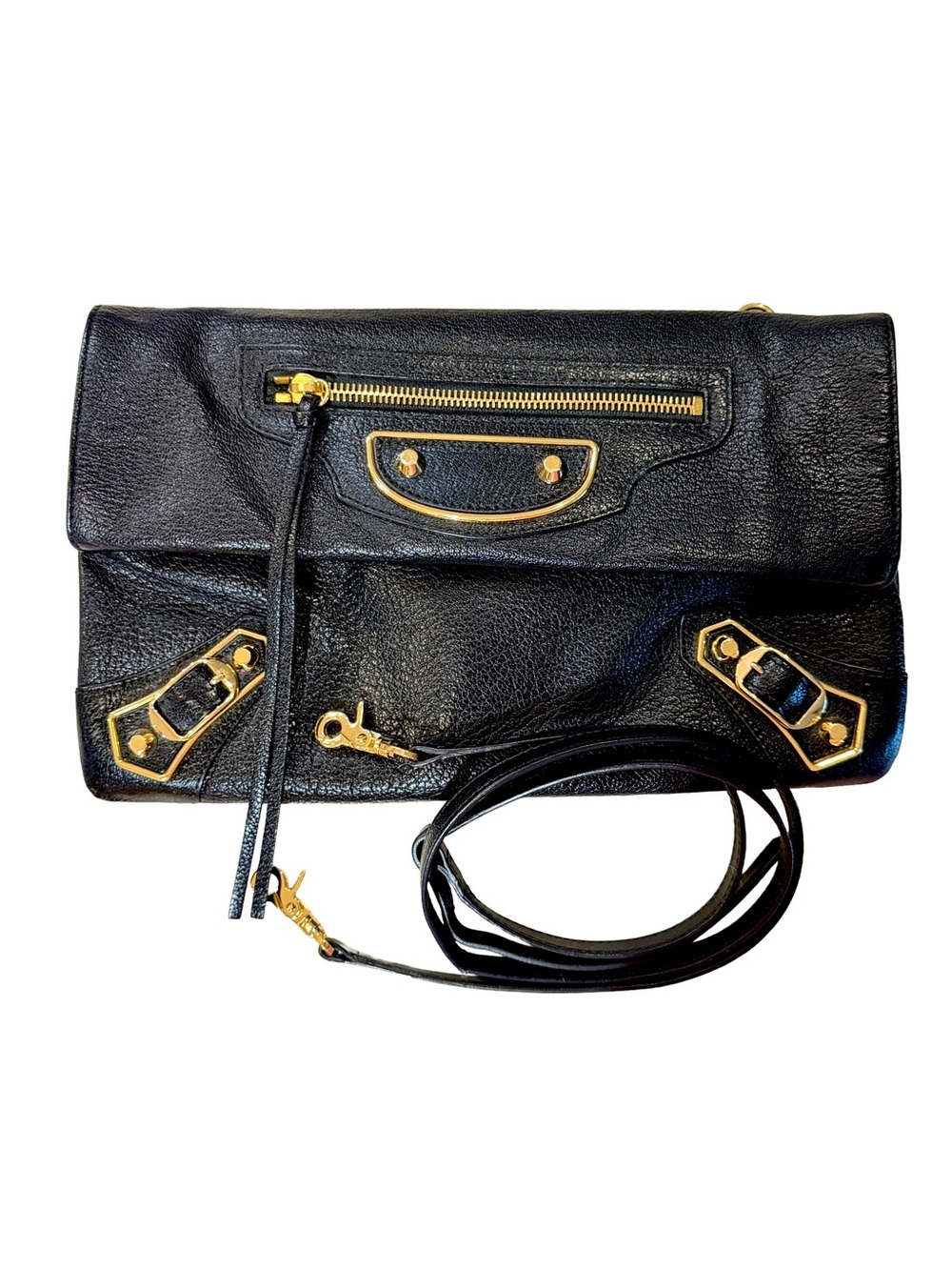 Balenciaga Black Chèvre Leather Metallic Edge Envelope Clutch Bag with Strap